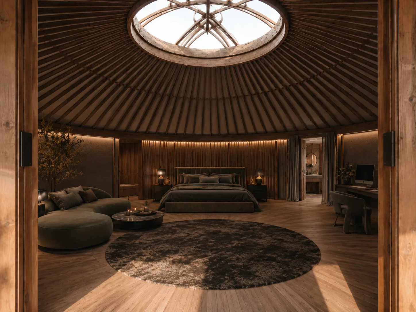 A boz üy configured as a luxury hospitality suite, the open tündük overhead