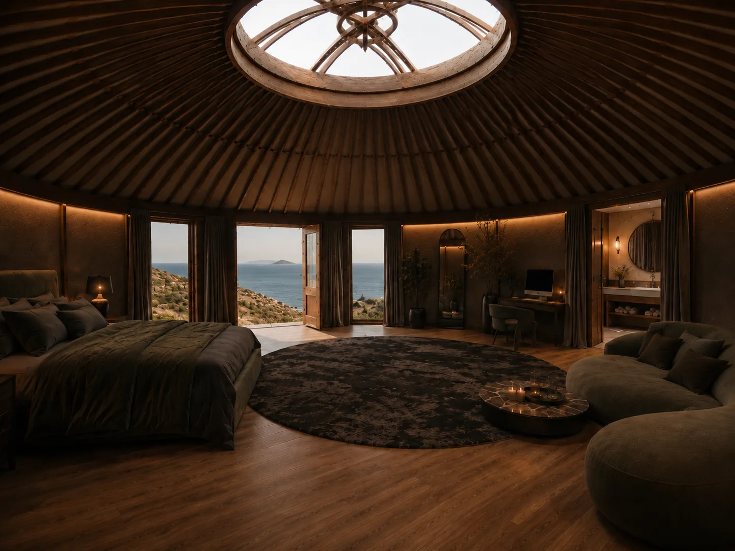 Bedroom suite inside a boz üy beneath the domed roof