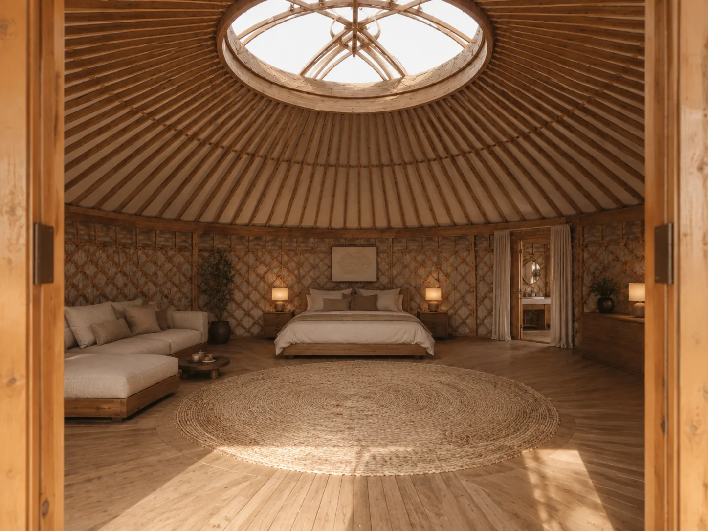 A boz üy configured as a clean modern hospitality suite, stripped of ethnic ornament
